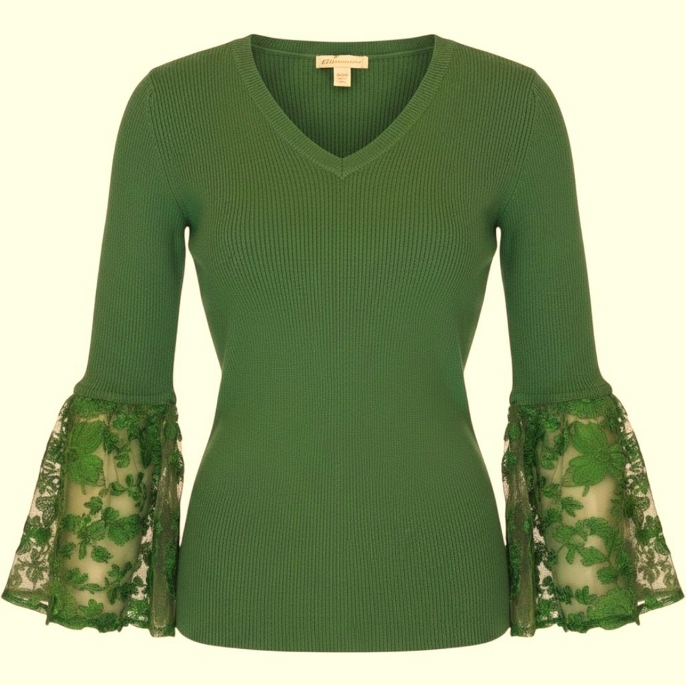 Cato Plus 18/20W Hunter Green Lightweight Sweater Embroidered Mesh Flared Sleeve